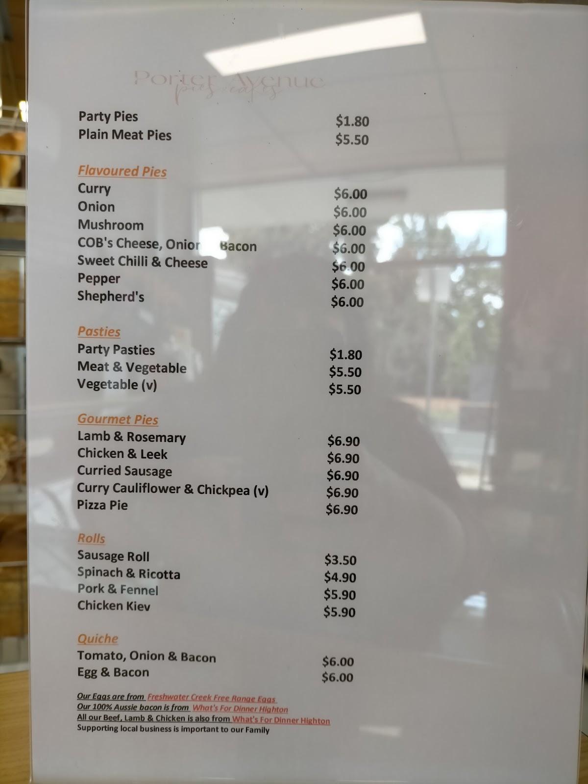 Menu at Porter Avenue Pies & Cakes restaurant, Highton