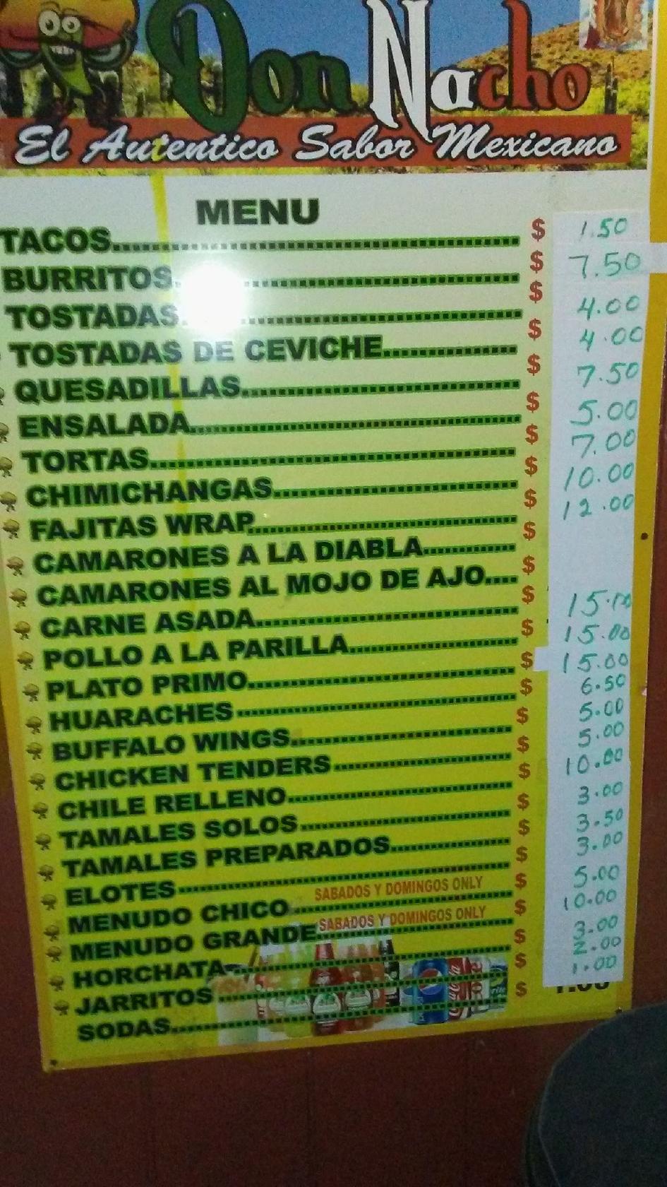 Menu at Tacos Don Nacho restaurant, Woonsocket