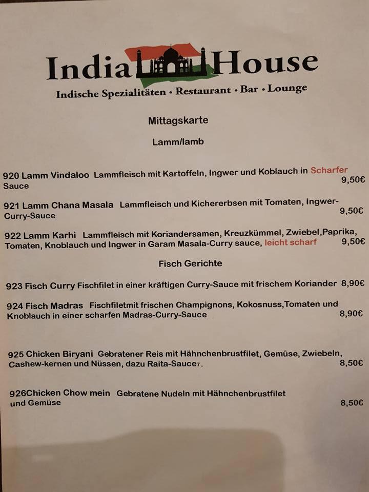 Speisekarte Von India House Restaurant Fritzlar