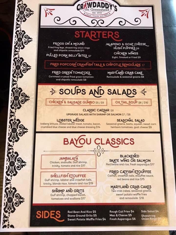 Menu at Crawdaddy's on Greenfield restaurant, West Allis, W Greenfield Ave