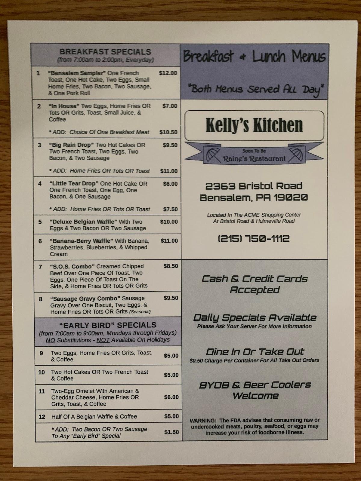 Menu at Raine’s Restaurant, Bensalem, Bristol Rd