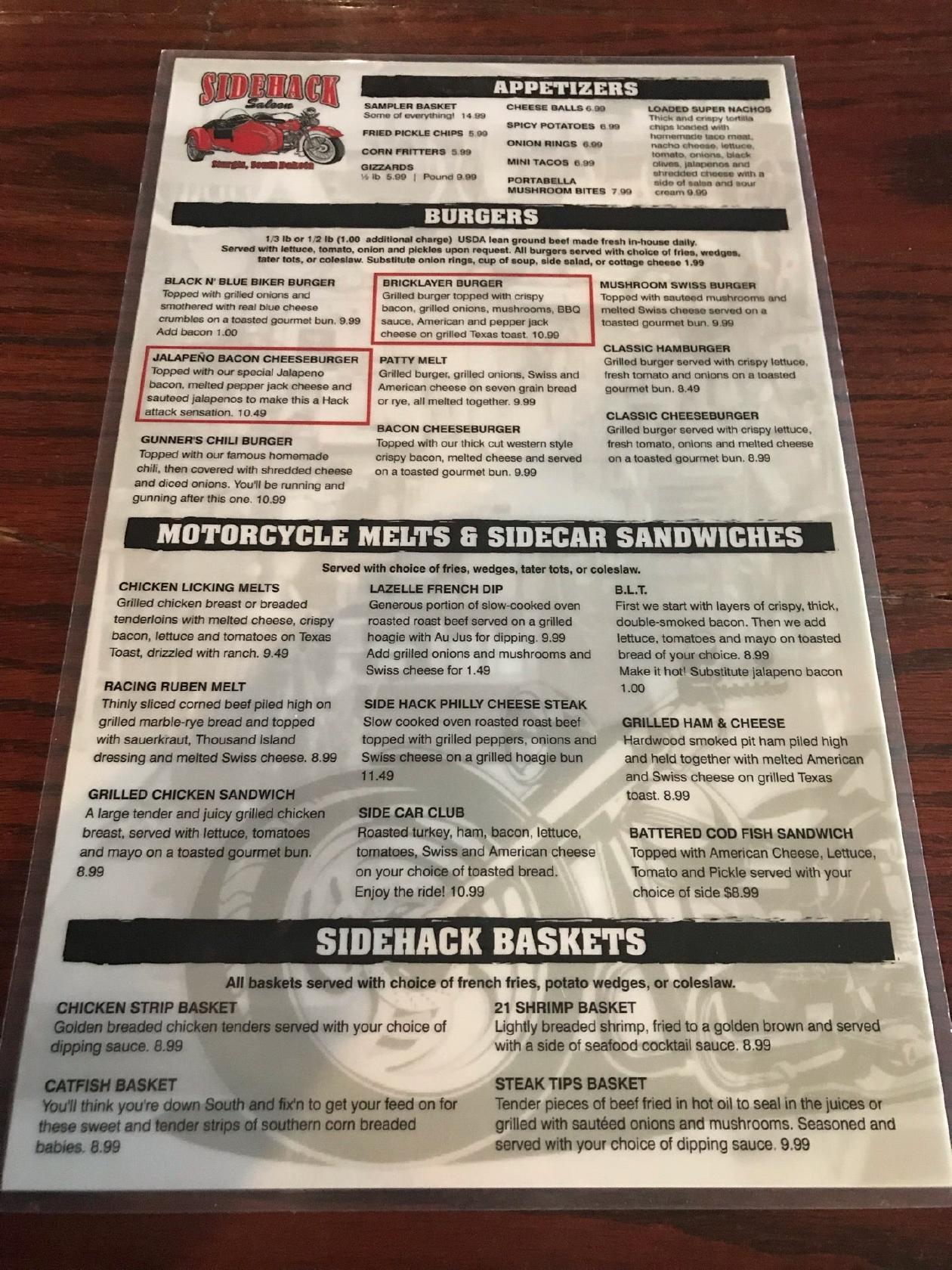 Menu at Sidehack Saloon pub & bar, Sturgis