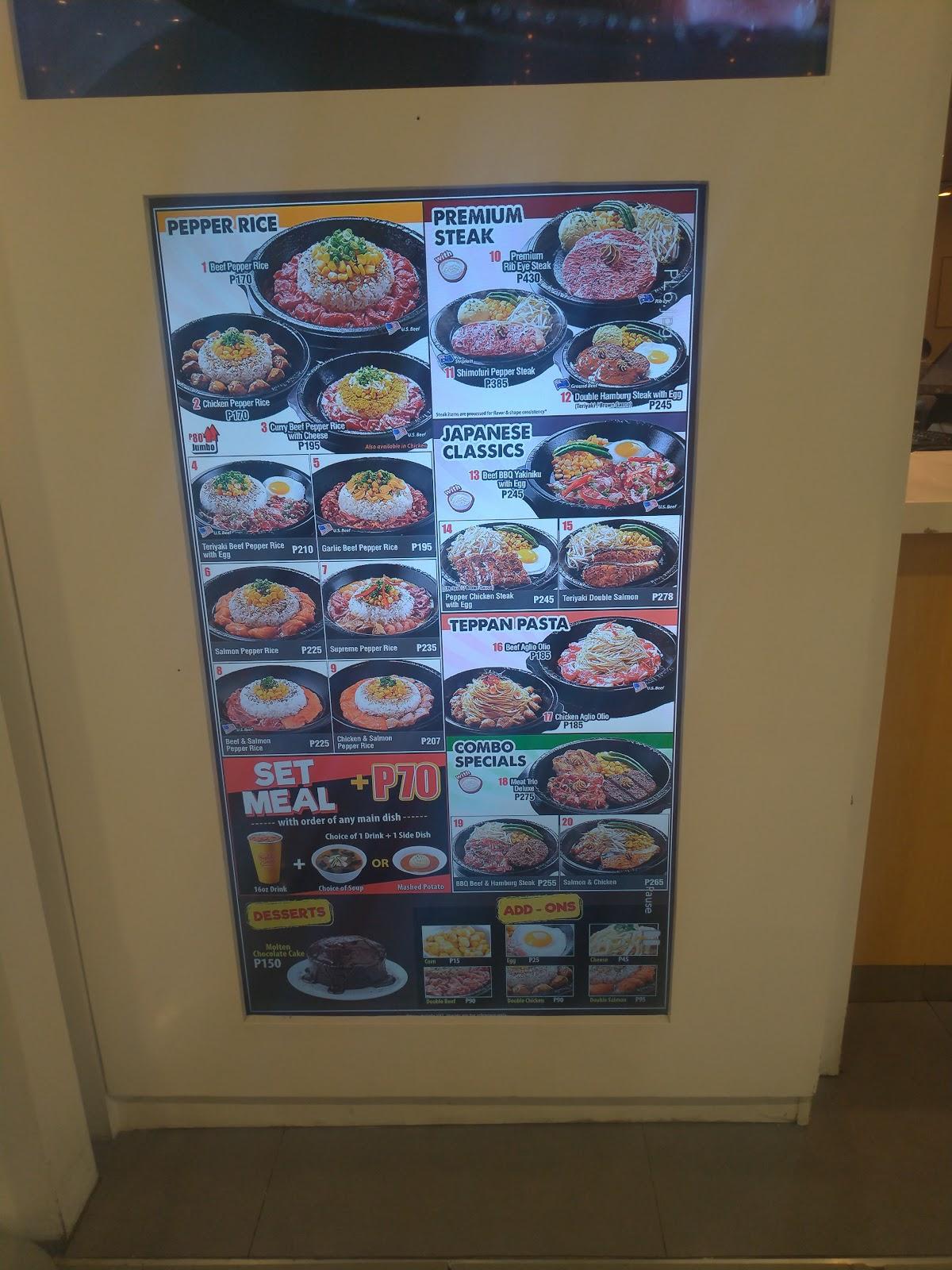 Menu at Pepper Lunch restaurant, Dasmariñas