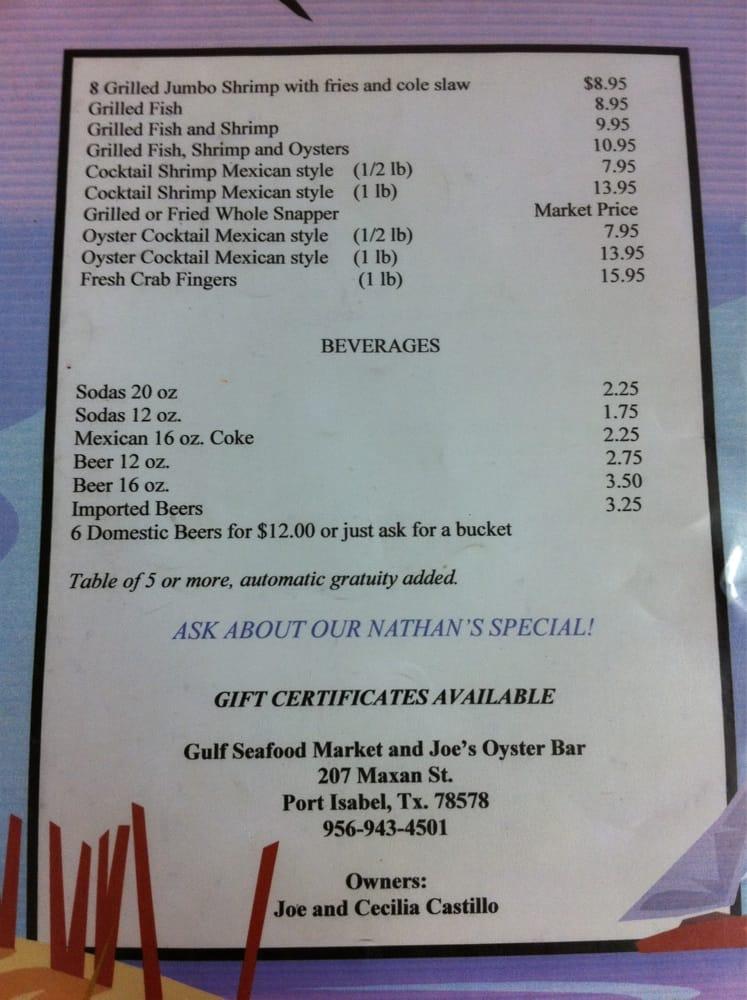 Menu at Joe's Oyster Bar, Port Isabel