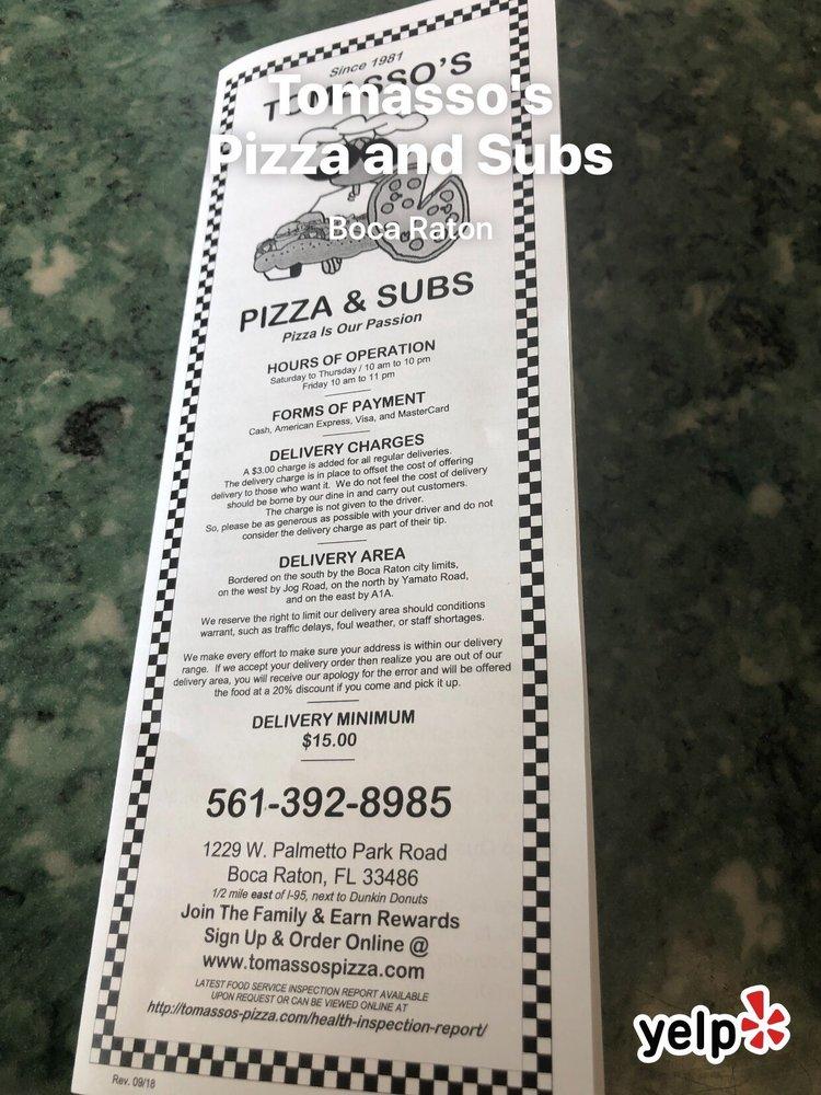 Menu at Tomasso's Pizza & Subs pizzeria, Boca Raton