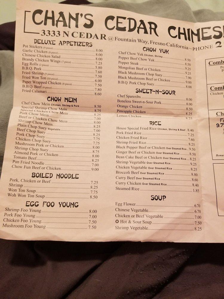 Menu at Chan's Chinese Food restaurant, Fresno