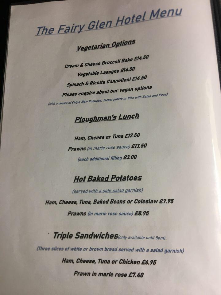 Menu at Fairy Glen Hotel pub & bar, Dwygyfylchi, Conwy Old Road