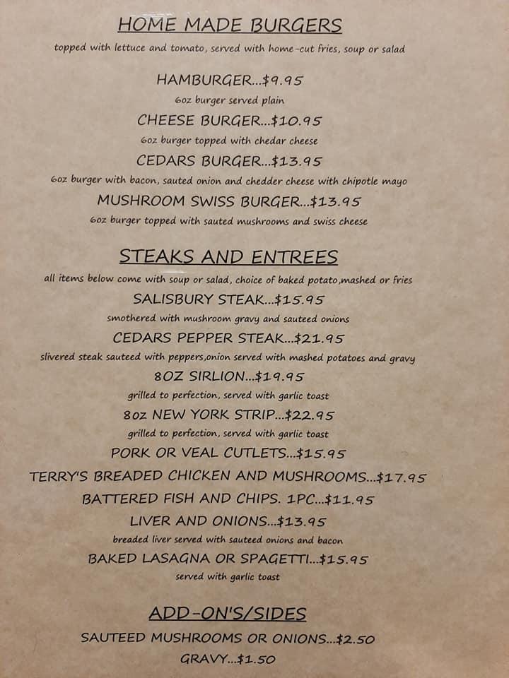 Menu at Cedar Pizza & Steak House restaurant, Forestburg