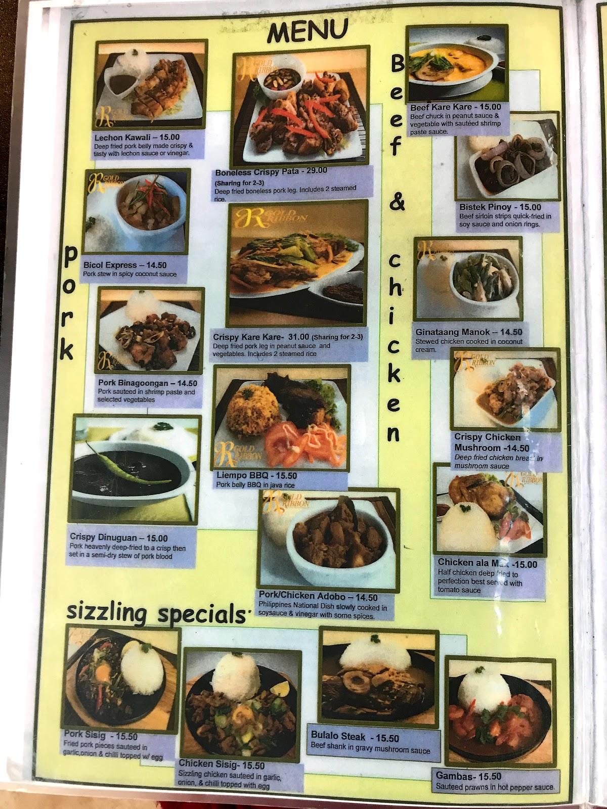 Menu at Gold Ribbon restaurant, Auckland