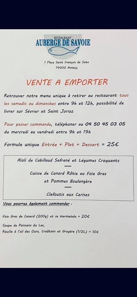 Menu at Auberge de Savoie restaurant, Annecy, 1 Pl. Saint-François de Sales