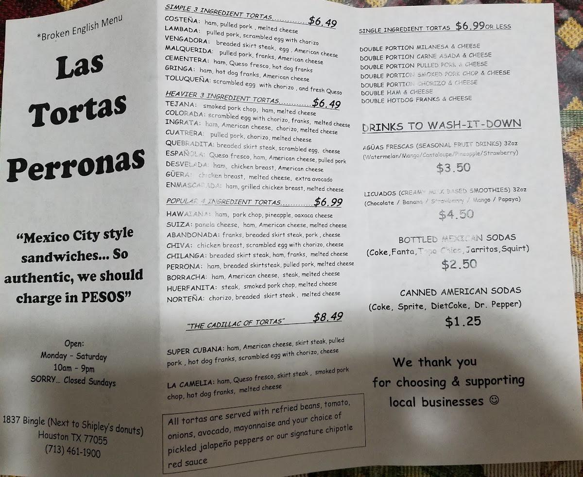 Menu at Las Tortas Perronas restaurant, Houston, Bingle Rd