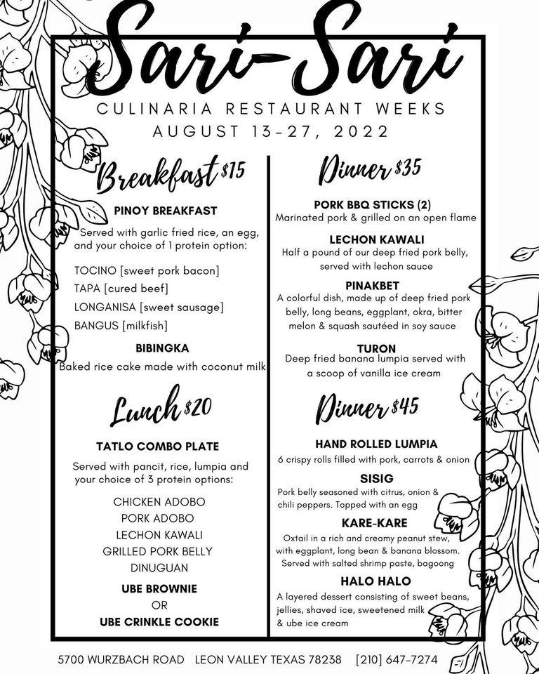 Menu at SariSari Filipino Restaurant, Market, & Bakery, San Antonio