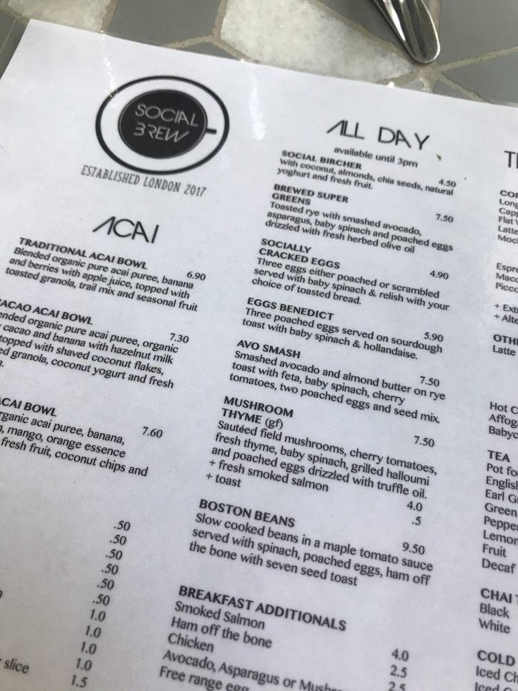 Menu at Social Brew Cafe London, London