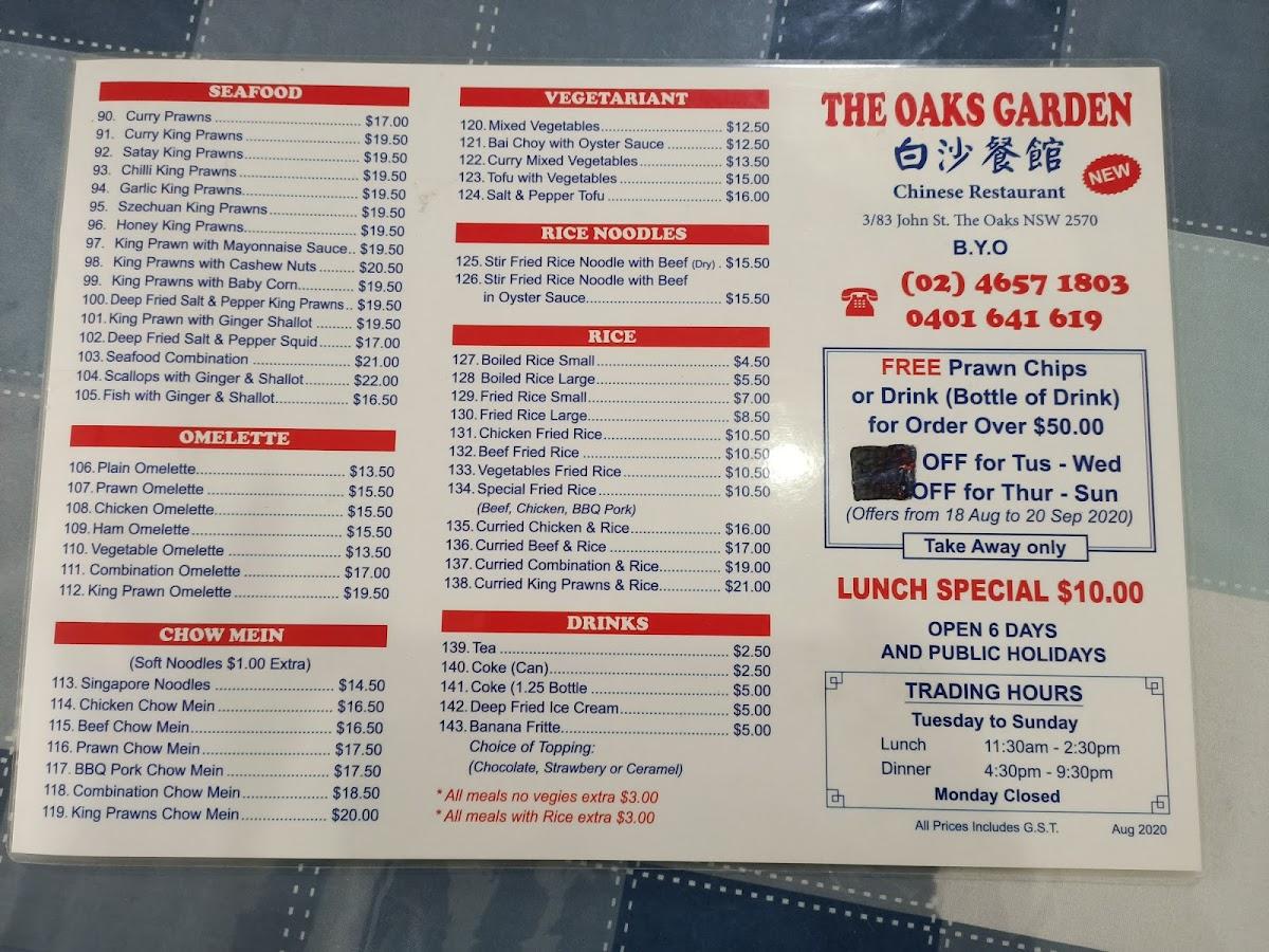 Menu at The Oaks Chinese Food restaurant, The Oaks, 83 John St