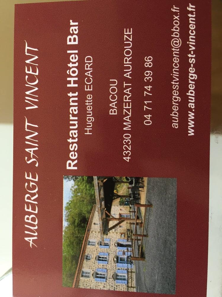 Carta del restaurante Auberge Saint Vincent, MazeratAurouze