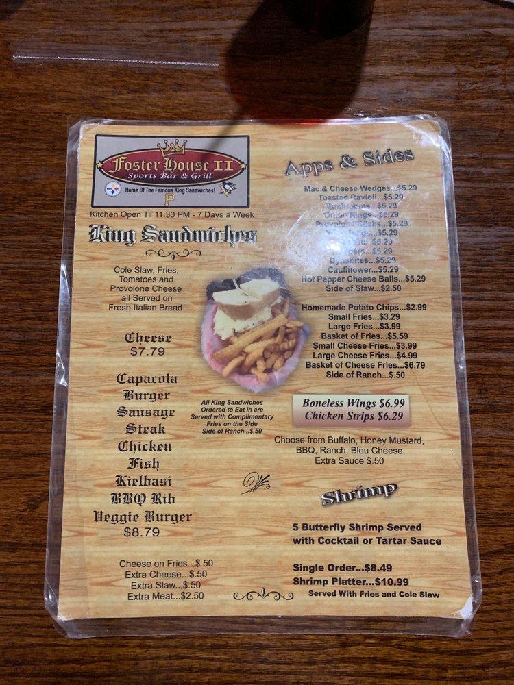 Menu at Foster House II pub & bar, Belle Vernon, One Cook Rd