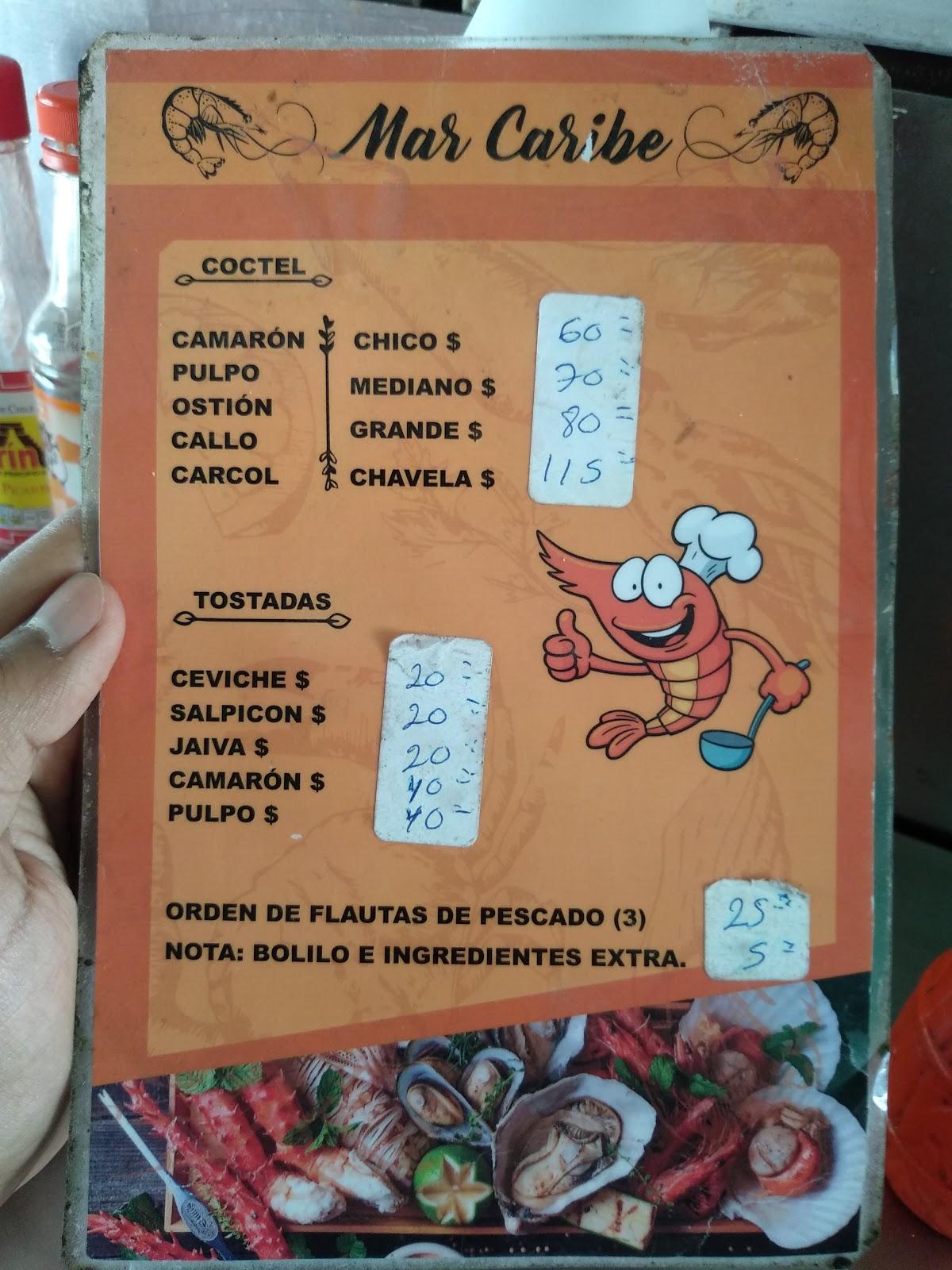 Menu at Mariscos Mar Caribe restaurant, Santiago de Querétaro