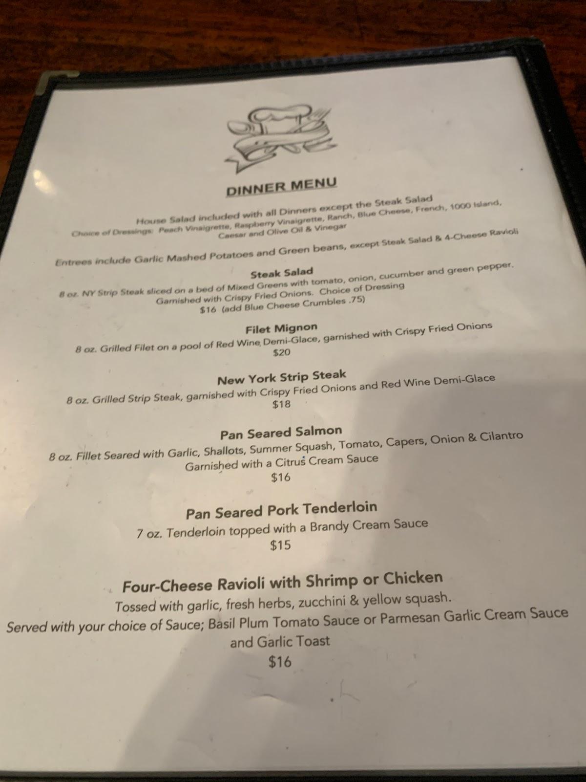 Menu at Nick's Place restaurant, Crawfordville
