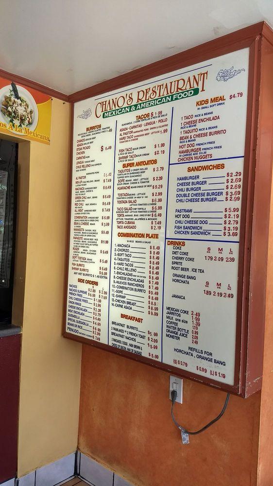 Menu at Chanos Drive-In restaurant, San Gabriel