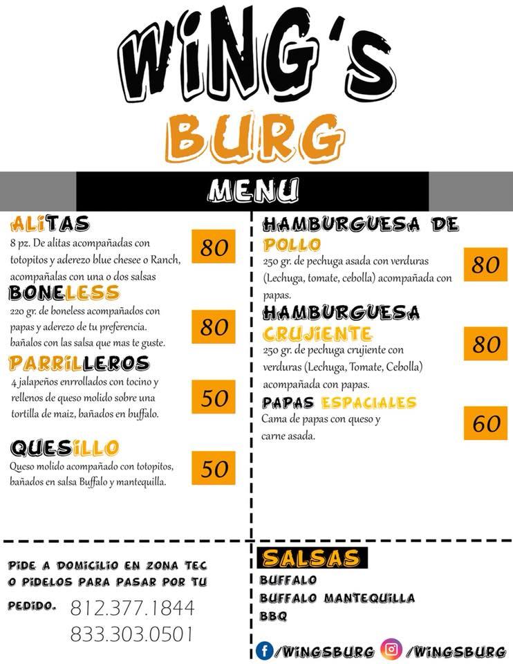 Menu at Wingsburg restaurant, Monterrey