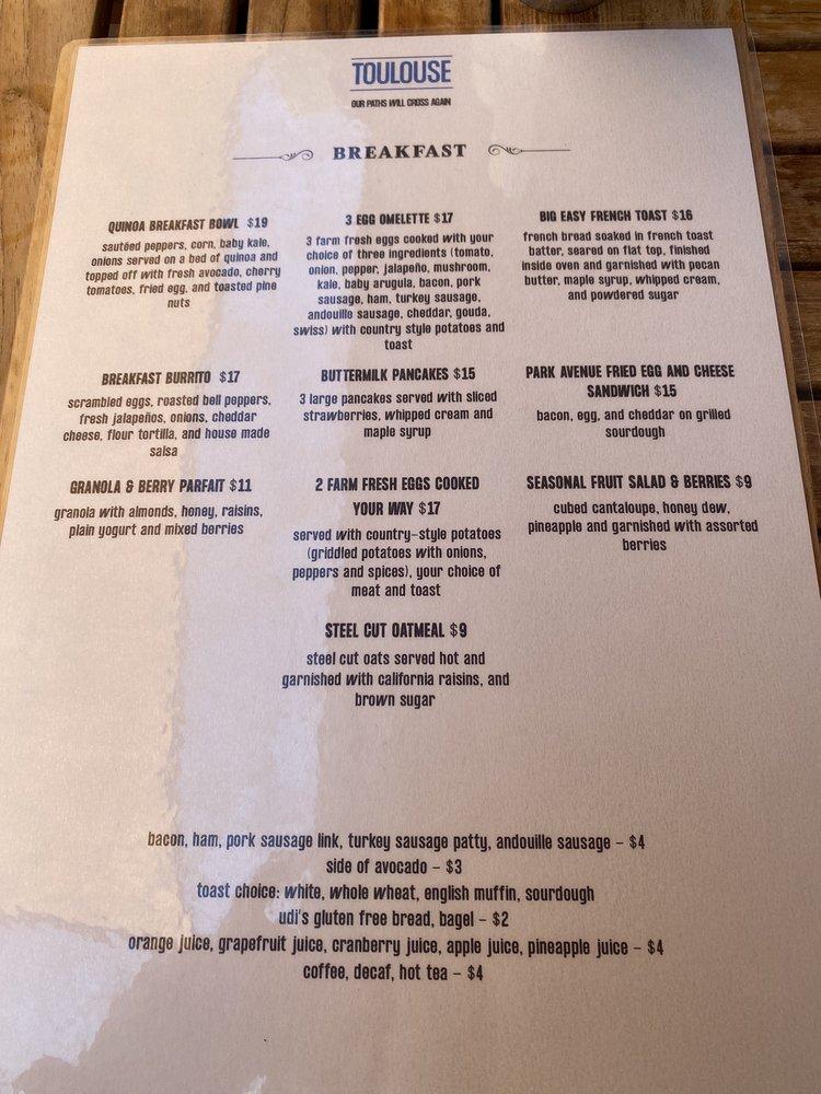 Menu at Toulouse restaurant, South Lake Tahoe