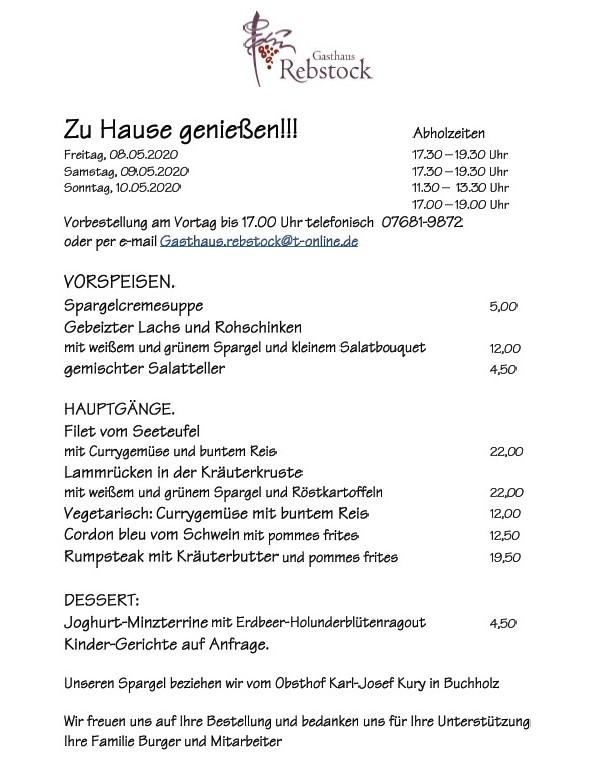 Speisekarte Von Gasthaus Rebstock Restaurant, Waldkirch