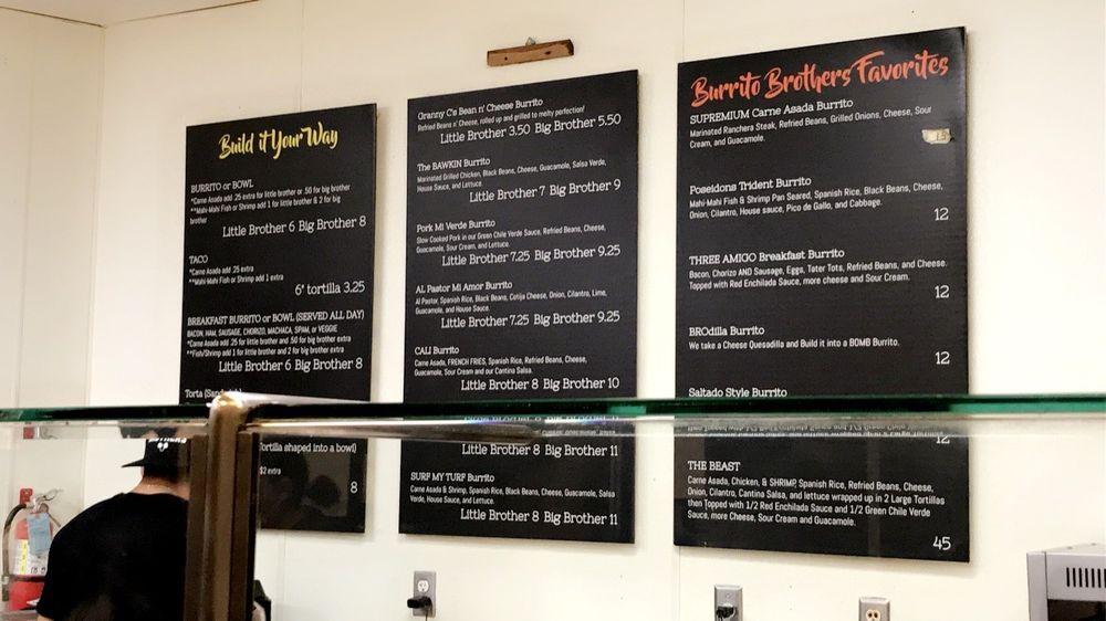 Menu at Burrito Brothers restaurant, La Habra