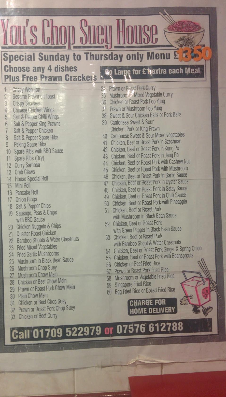 Menu at Chop Suey House fast food, Rotherham