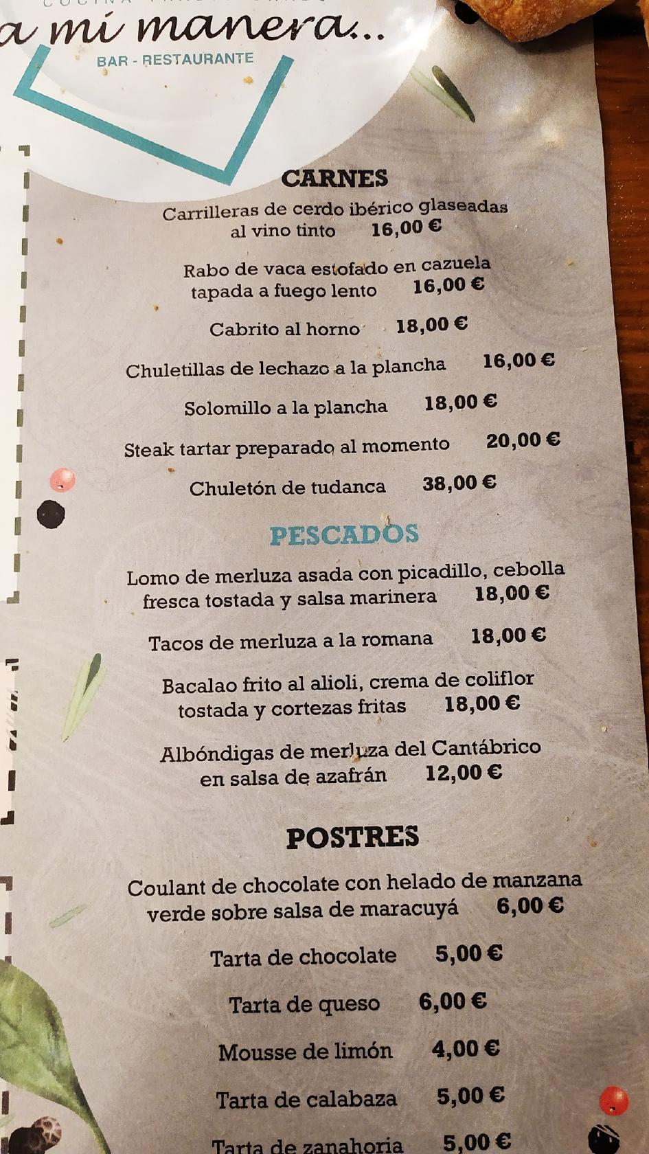 Carta de Restaurante A mi Manera, Santander