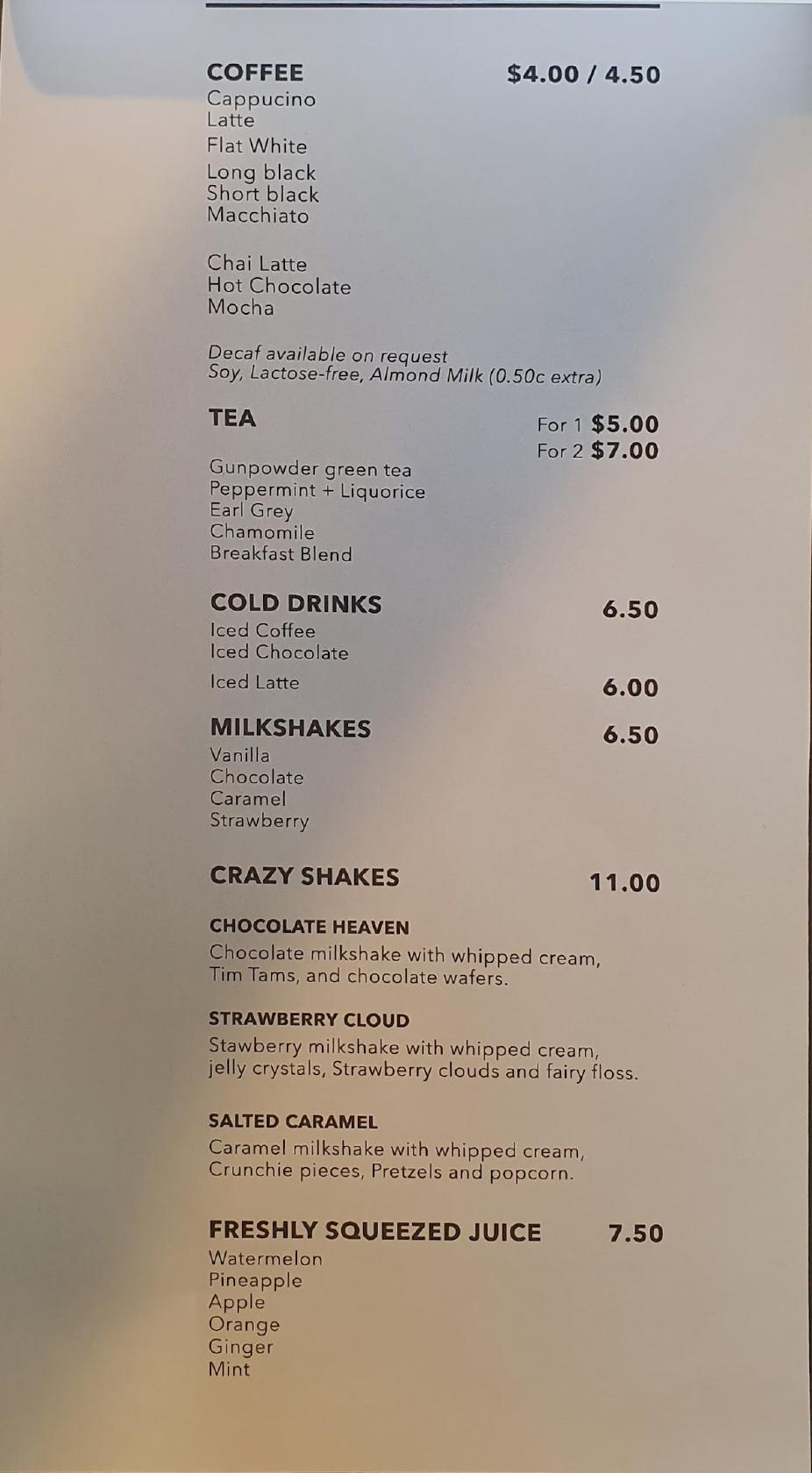 Menu at The Coffee Pedaler Gundagai cafe, Gundagai