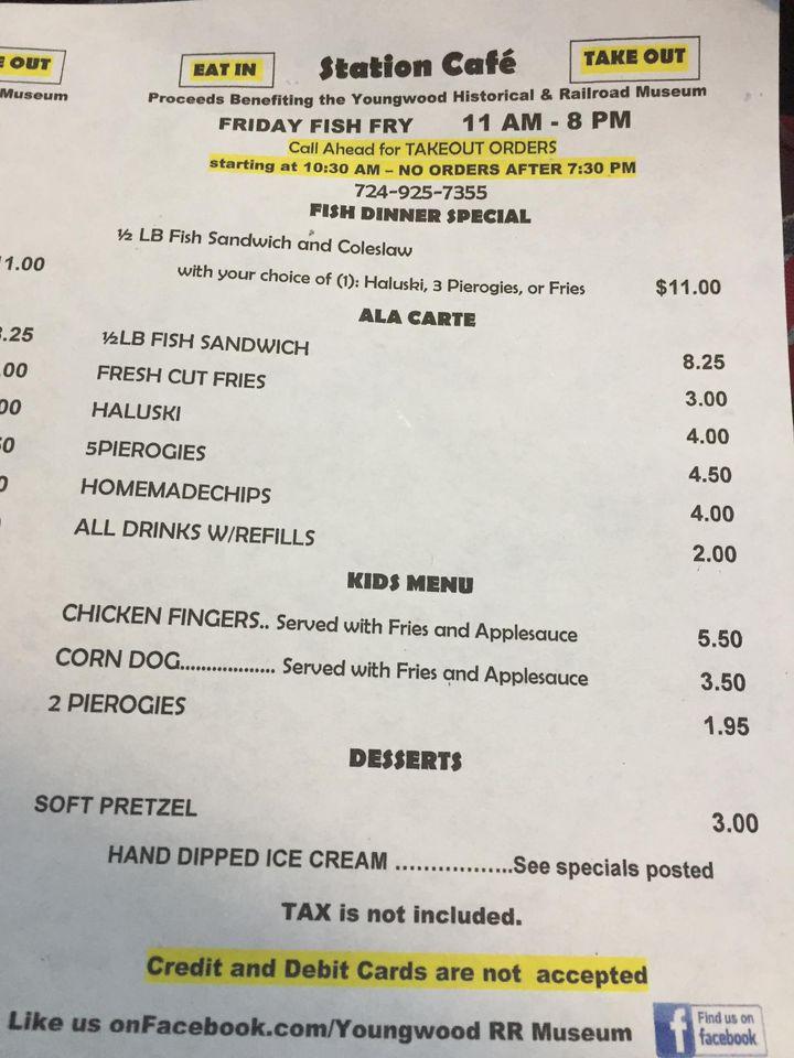 Menu at Youngwood Historical & Railroad Museum and Station Cafe, Youngwood