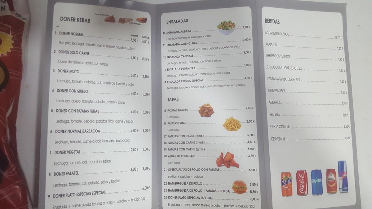 Menu at Ali Baba Döner Kebab restaurant, Xàtiva
