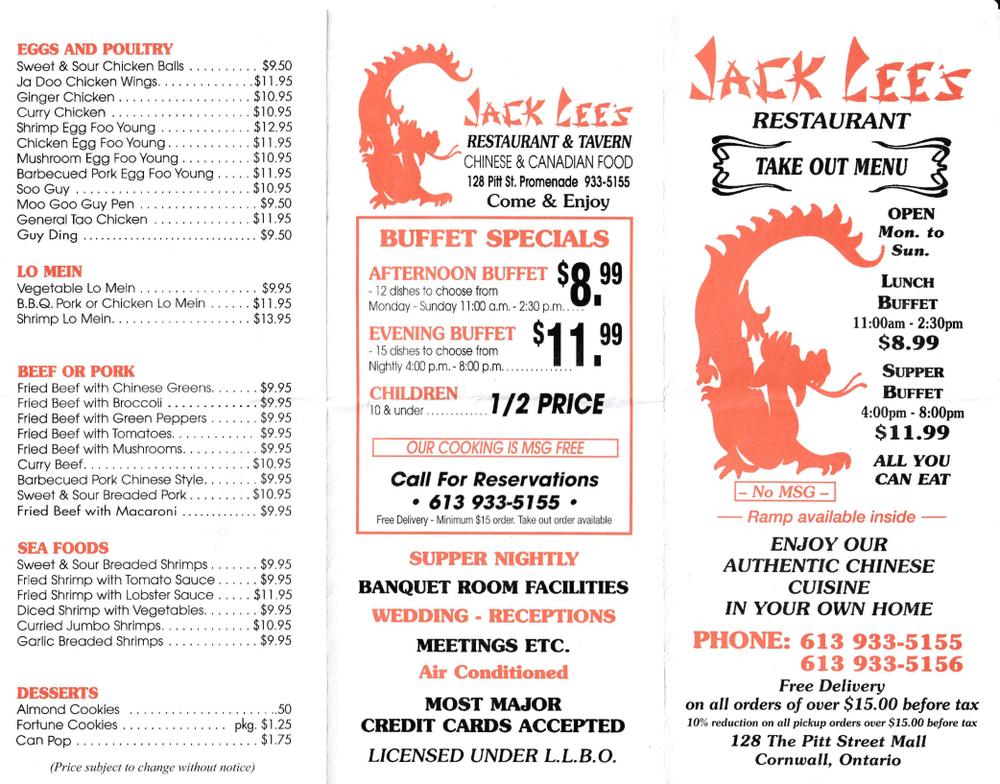 Menu at Jack Lee's Tavern Restaurant, Cornwall