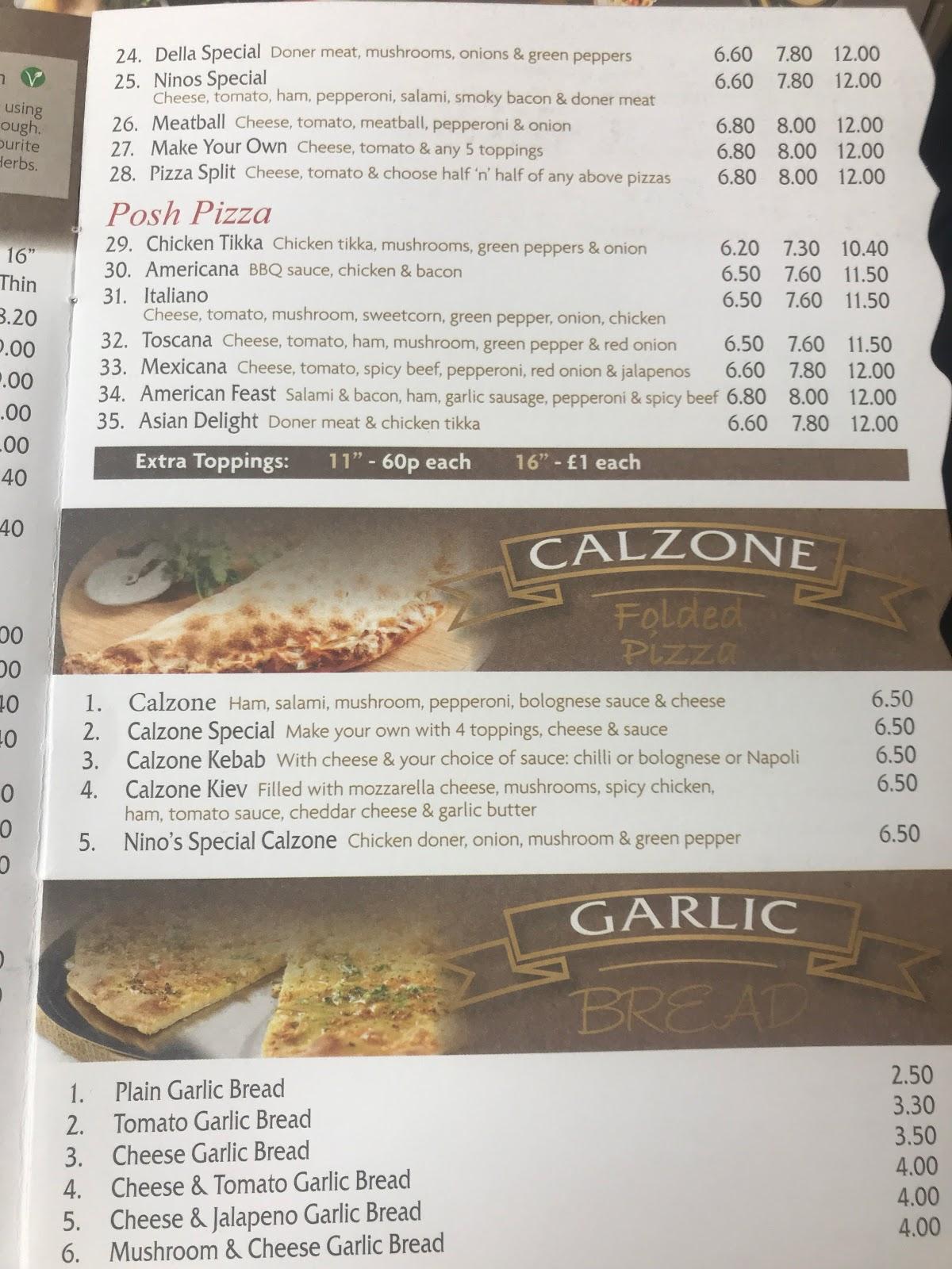Menu at Nino's Pizza pizzeria, Barnsley