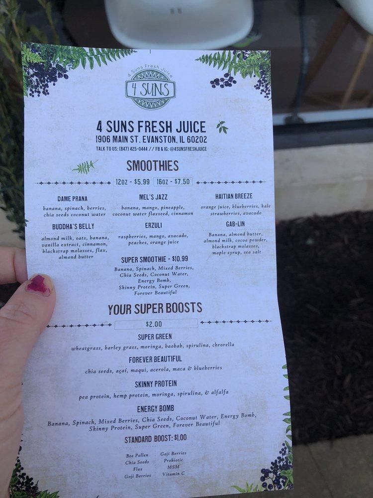 Menu at 4 Suns Fresh Juice pub & bar, Evanston