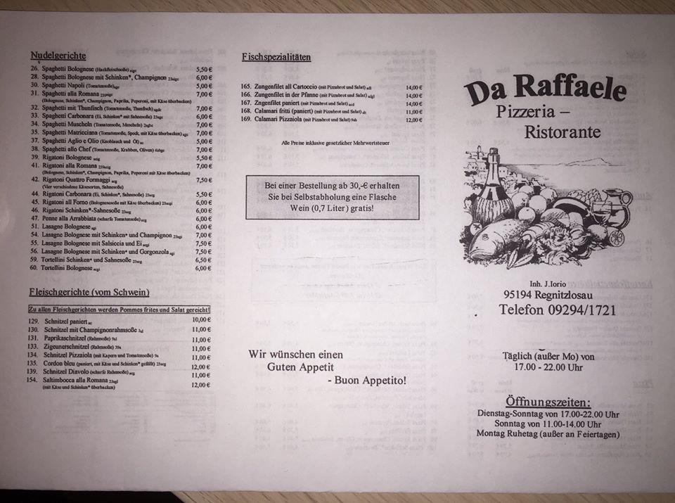 Menu at Da Raffaele pizzeria, Regnitzlosau, Friedrich-Adolf-Soergel ...