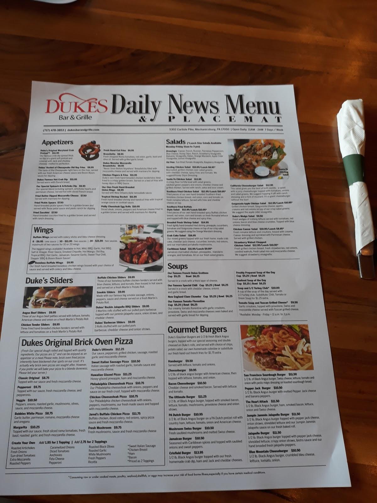 Menu at Dukes Bar & Grille, Mechanicsburg