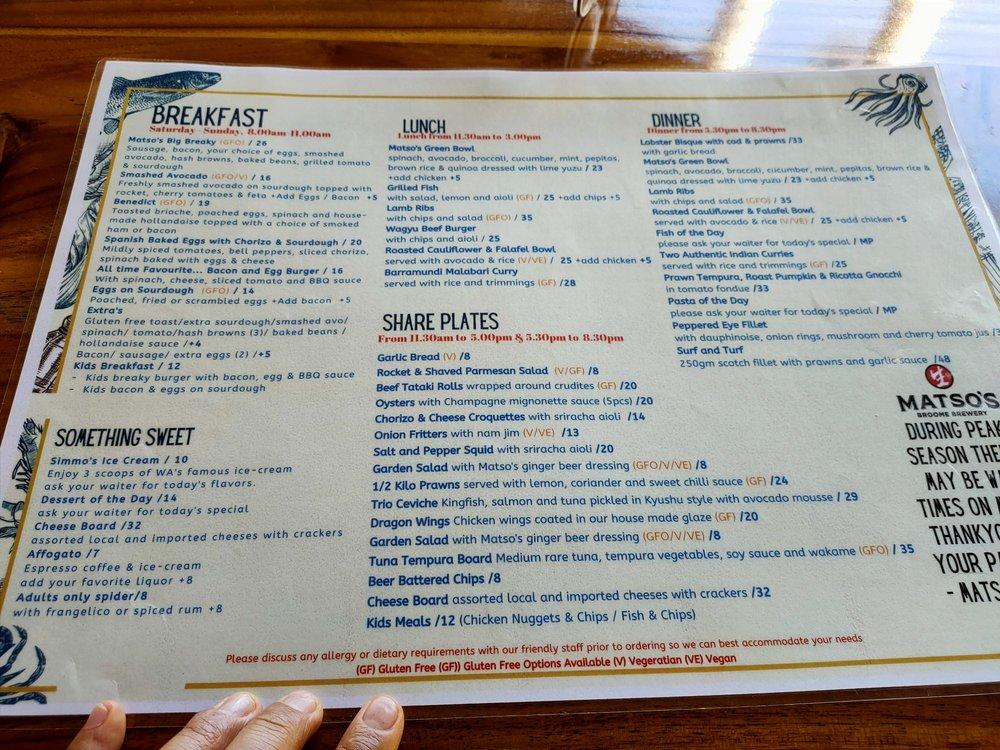Menu at Matso's Broome Brewery restaurant, Broome, 60 Hamersley St