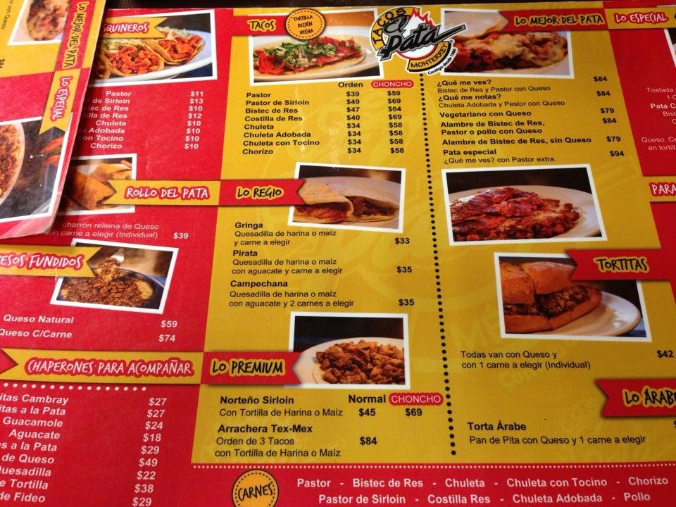 Carta del restaurante Tacos El Pata Suc Leones, Monterrey, Paseo del ...