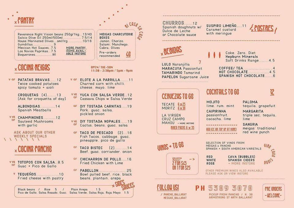 Menu at Meigas restaurant, Ballarat Central