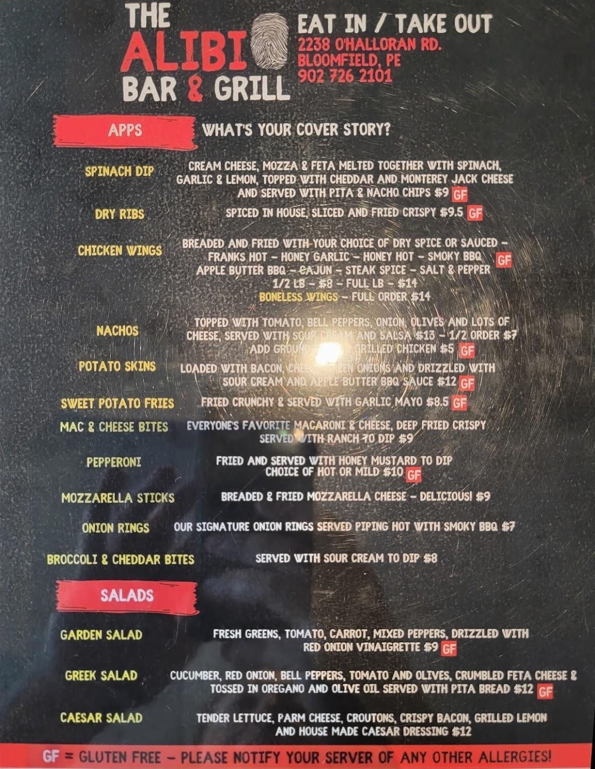 Menu at The Alibi Bar And Grill, Canada