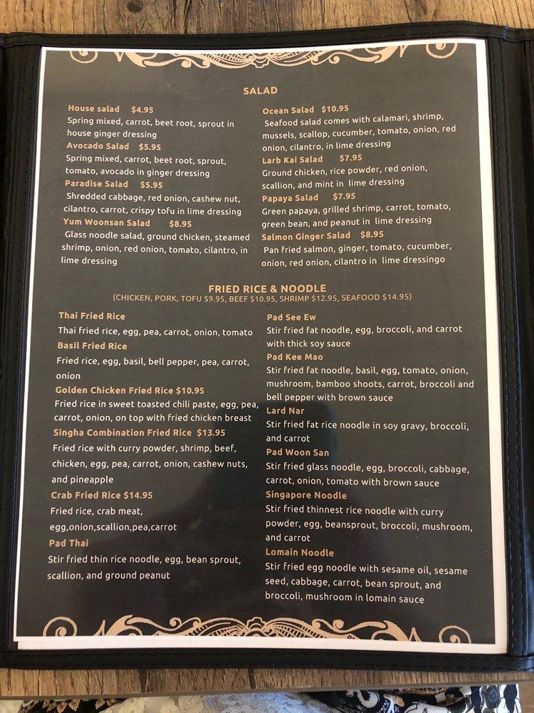 Menu at Singha Thai restaurant, Kettering