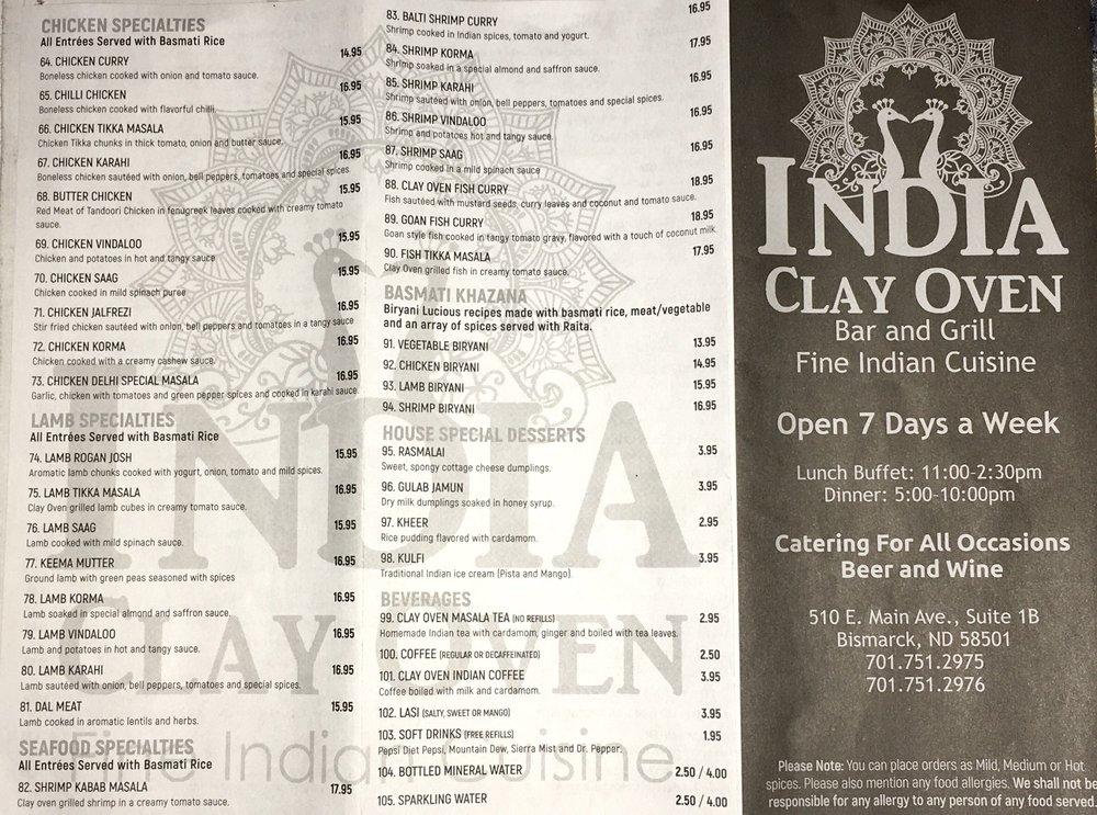 Carta De Indian Clay Oven Bar And Grill Bismarck