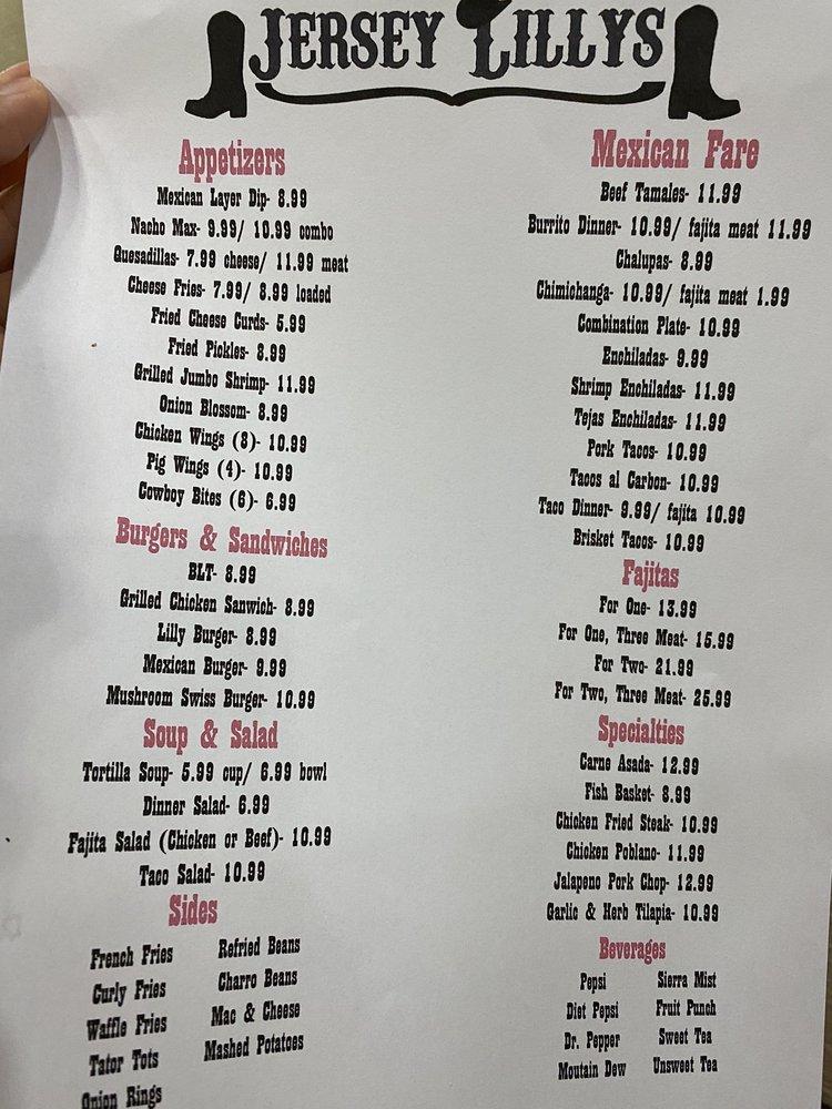 Carta de Jersey Lilly's Mexican Restaurant, Hico