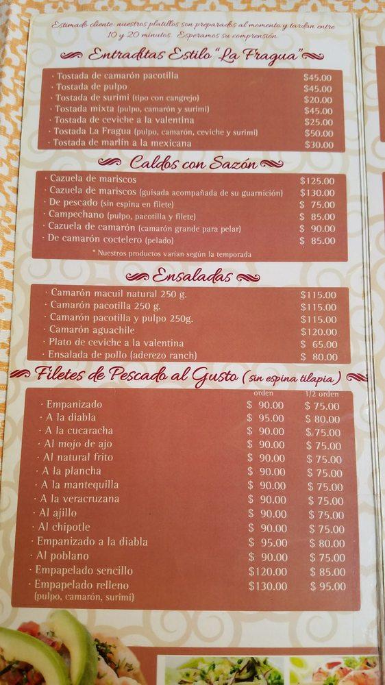 Menu at La Fragua restaurant, Calvillo