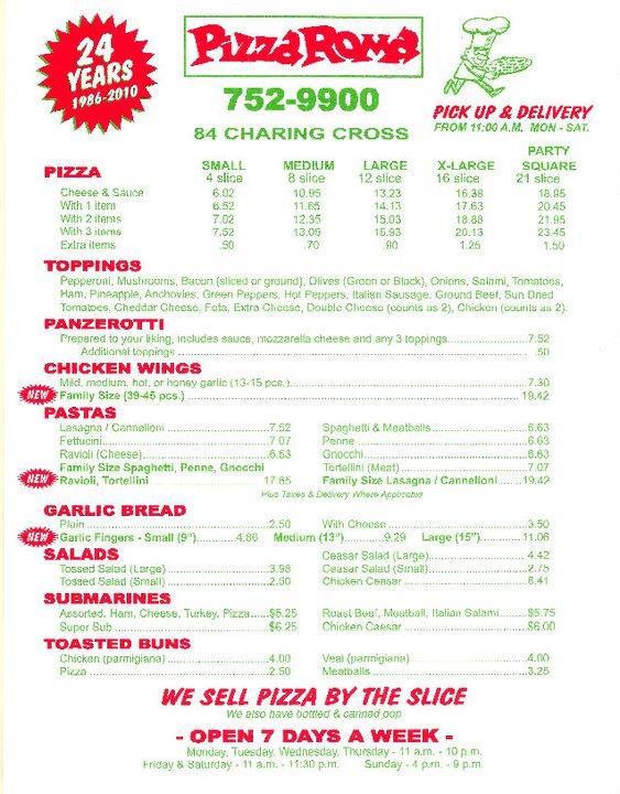 Menu at PizzaRoma pizzeria, Brantford