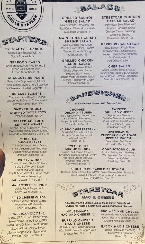 Carta del pub y bar Streetcar Grille & Tavern, Kansas City