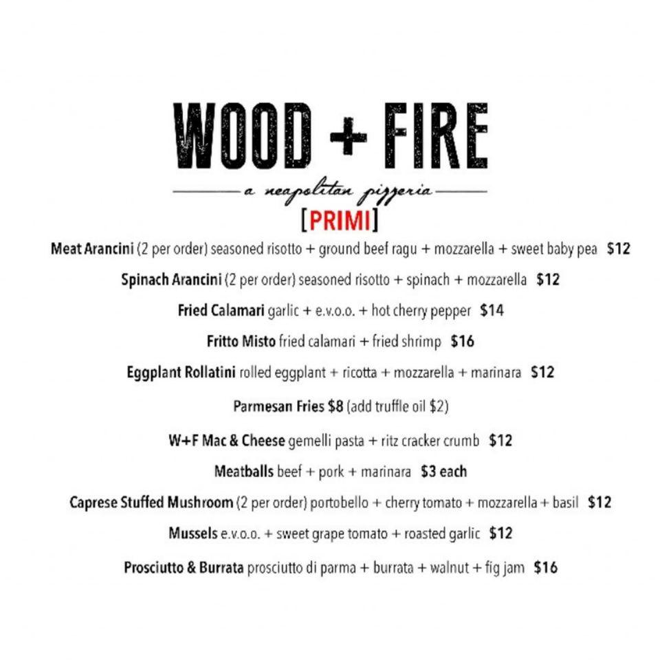 Menu at Wood and Fire Neapolitan Pizzeria, Melrose