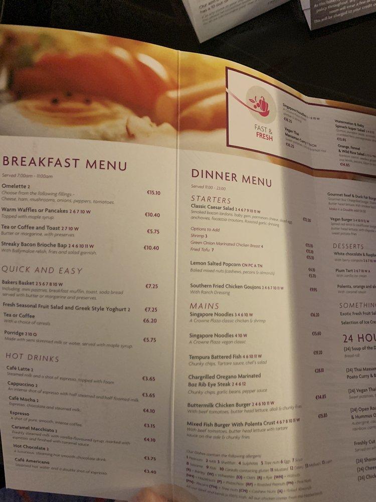 Menu at Crowne Plaza Dublin Airport cafe, Dublin
