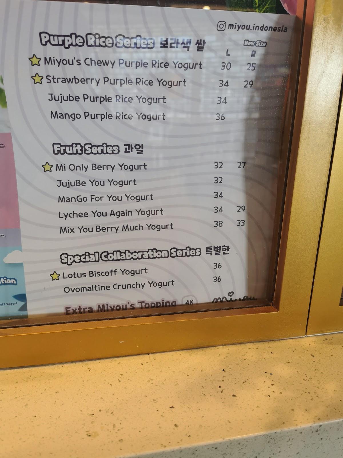 Carta del café Miyou Rice x Yogurt Drink, PIK Avenue Mall, North Jakarta